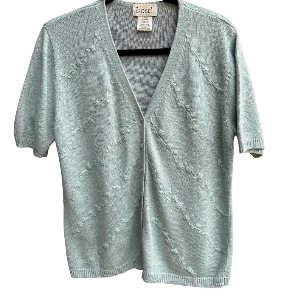 Epogee Womens Large Seafoam Green Floral Embroidered Short Sleeve Cardigan‎ Knit